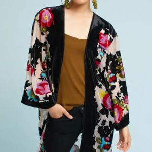 Anthropologie Peyton Kimono Women's One Size Black Velvet  Floral Open Boho